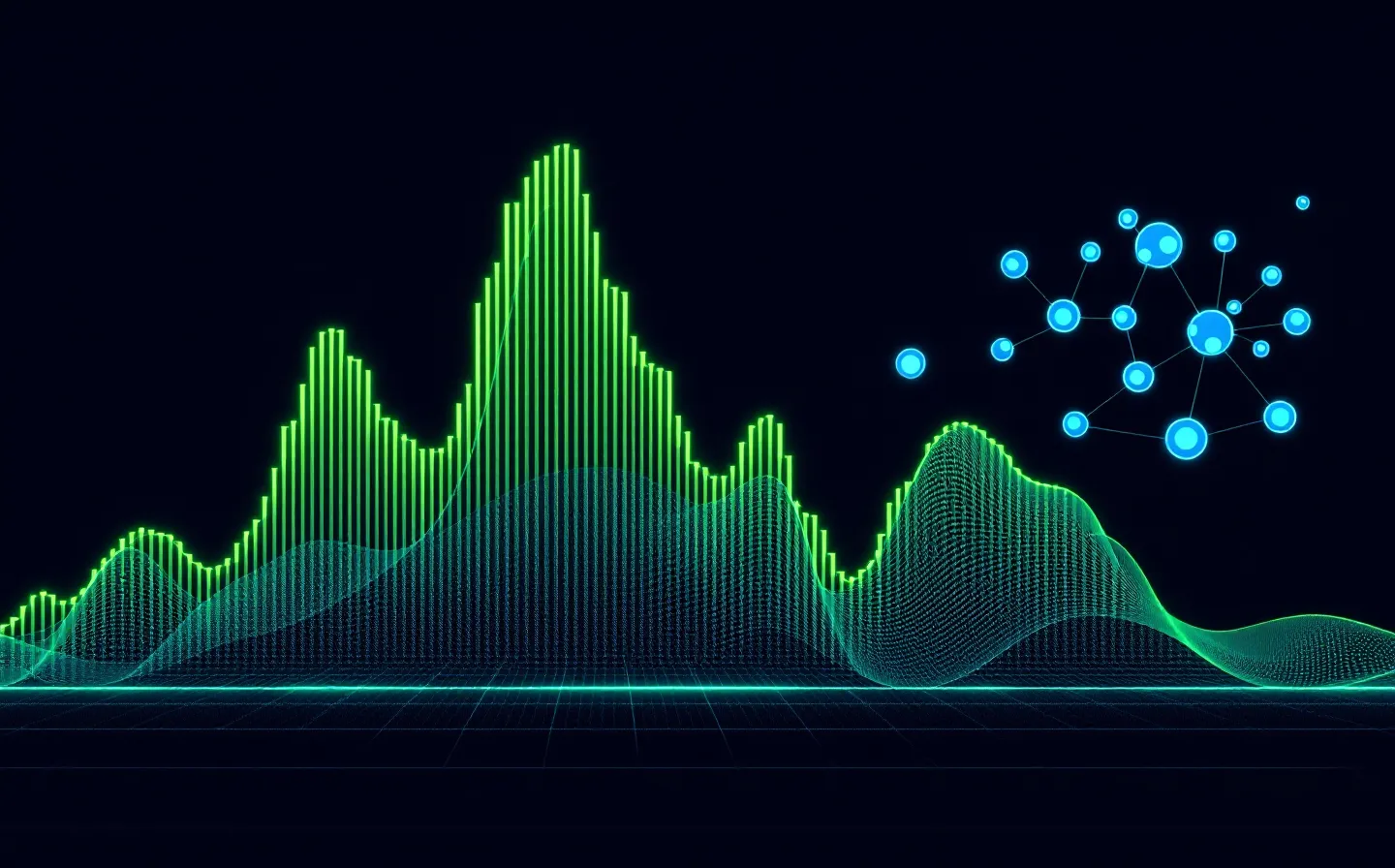 An abstract dark terminal chart of a rising green neurotrophin time-course curve with a blue reference line and blue-cyan receptor nodes, on a near-black ground